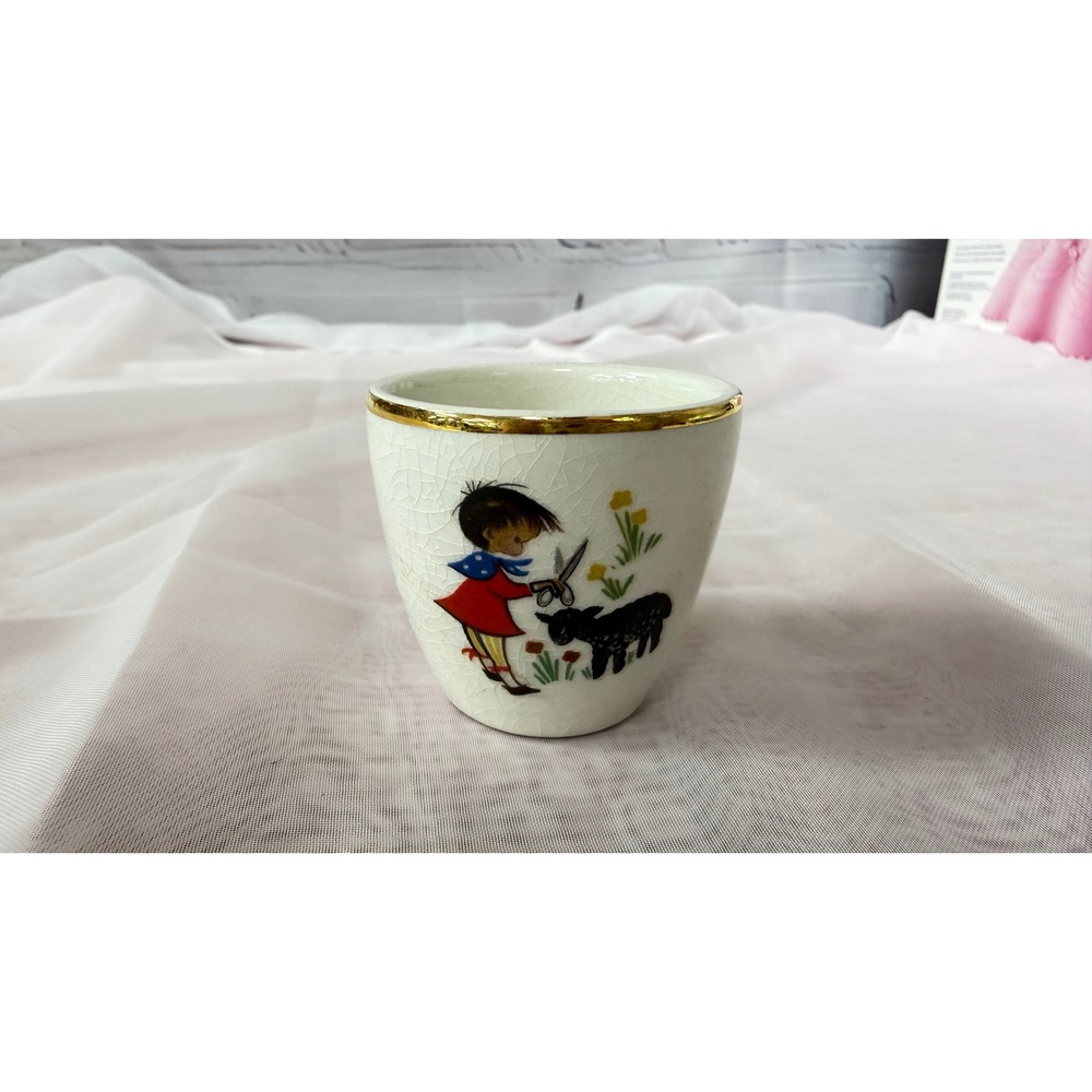 Vintage Arklow Ironstone Ireland Egg Cup Child Shearing Sheep Gold Rim Crackle